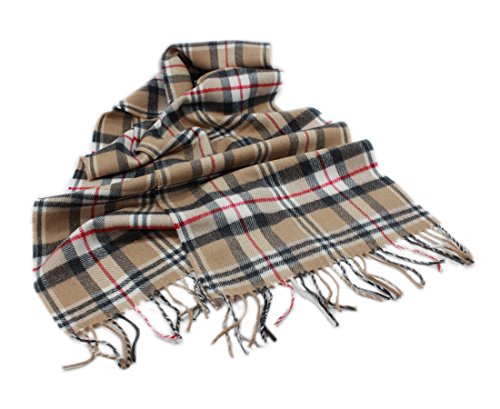 Biddy Murphy Merino Wool Scarf Camel Check Tartan 12 Inches x 72 Inches Irish Made