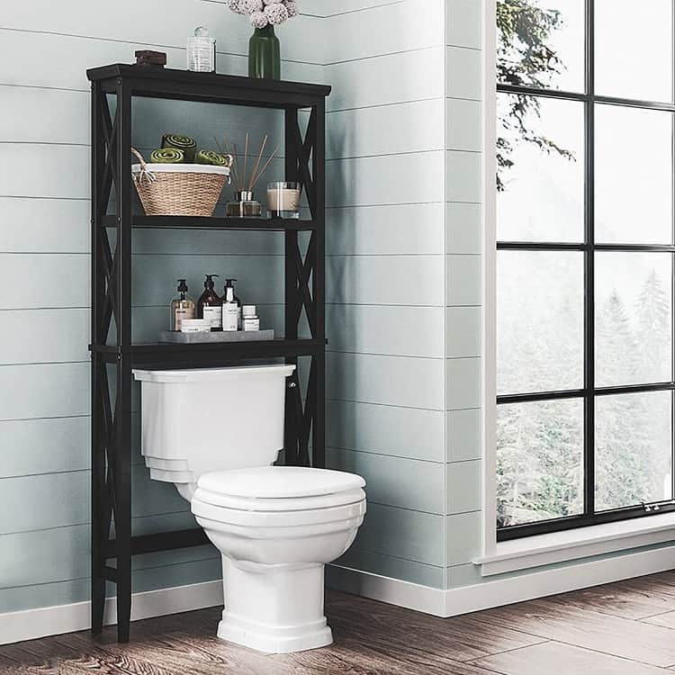 modern black shelving above toilet