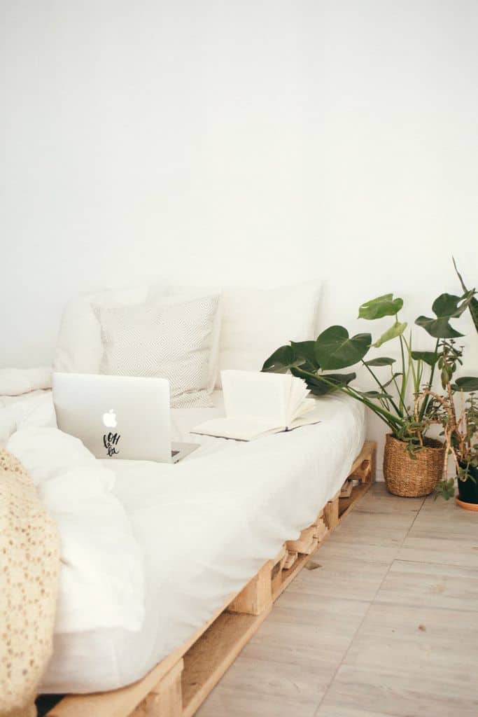 boho minimalist bedroom pallet bed plants