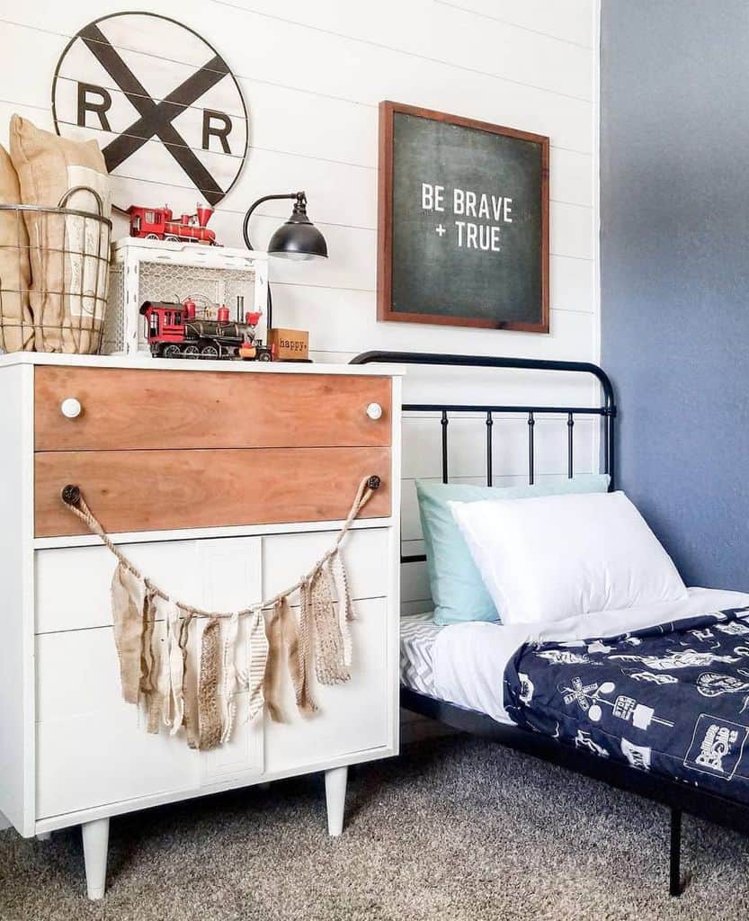 white shiplap wall boys vintage style bedroom 