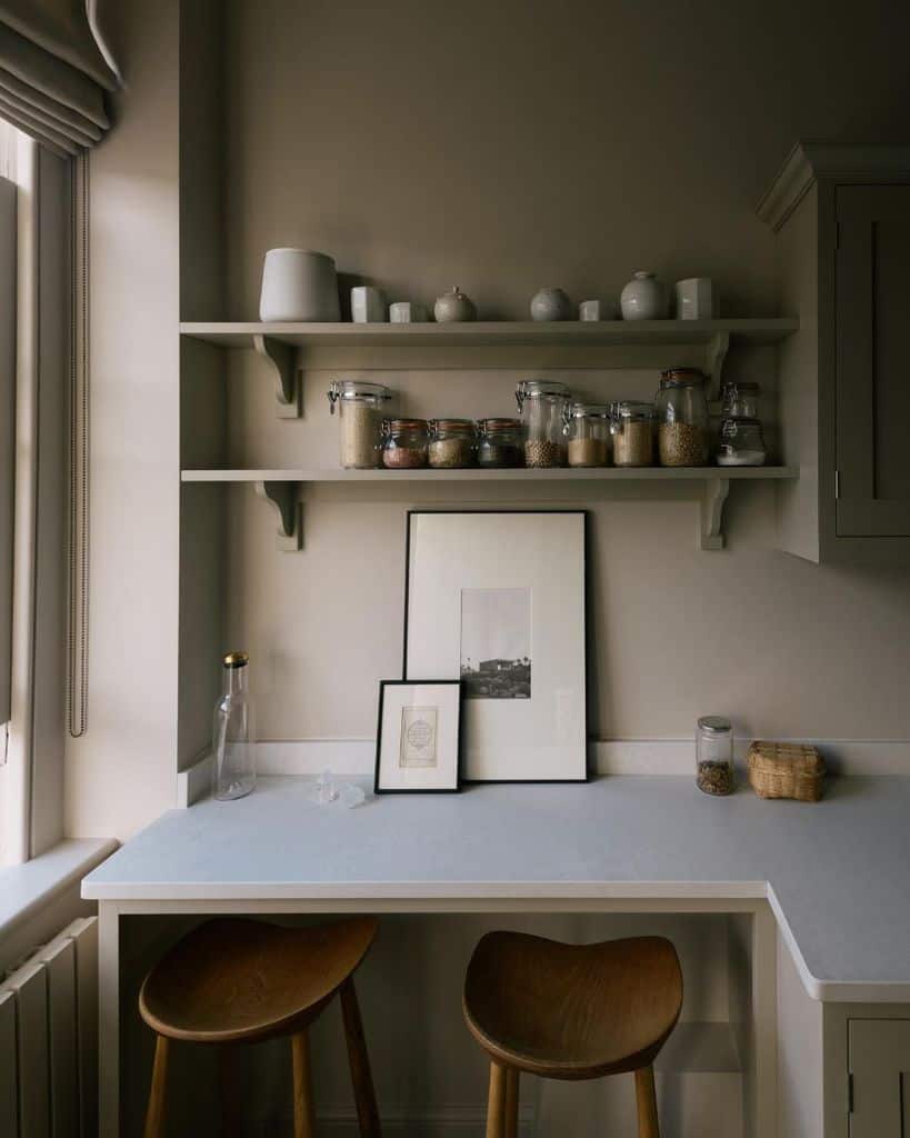 small kitchen wood wall shelves framed photos two wood stools