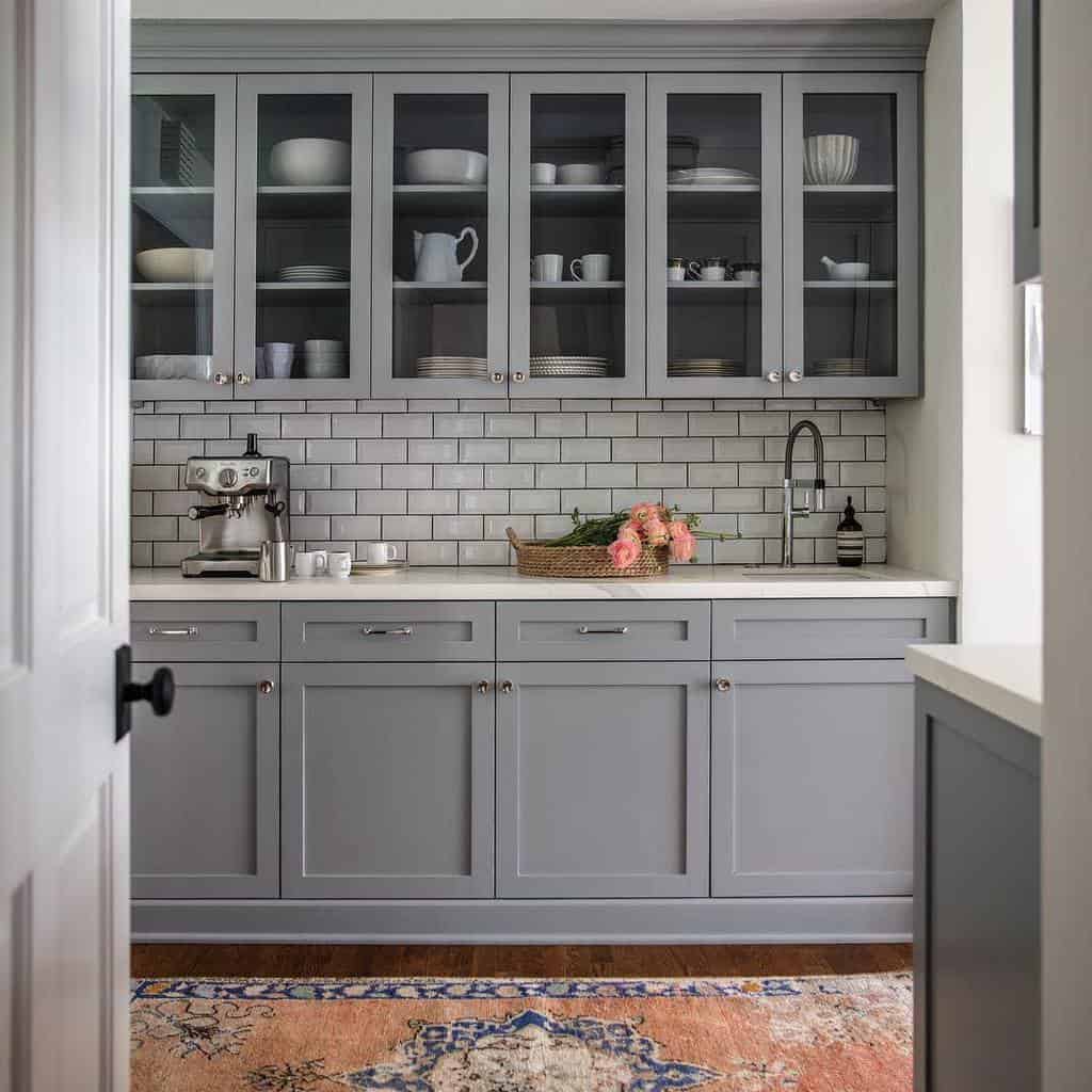 grey butler's pantry ideas white subway tiles