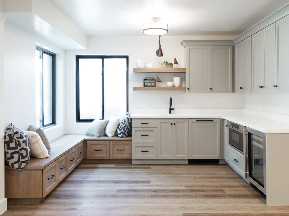 white cupboard with grey wood floor