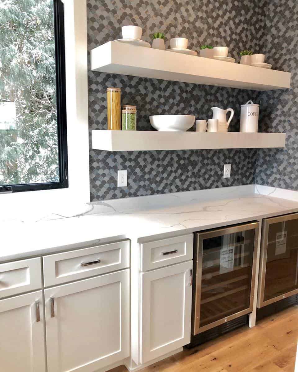 modern butler's pantry wall shelves mosaic tiles 