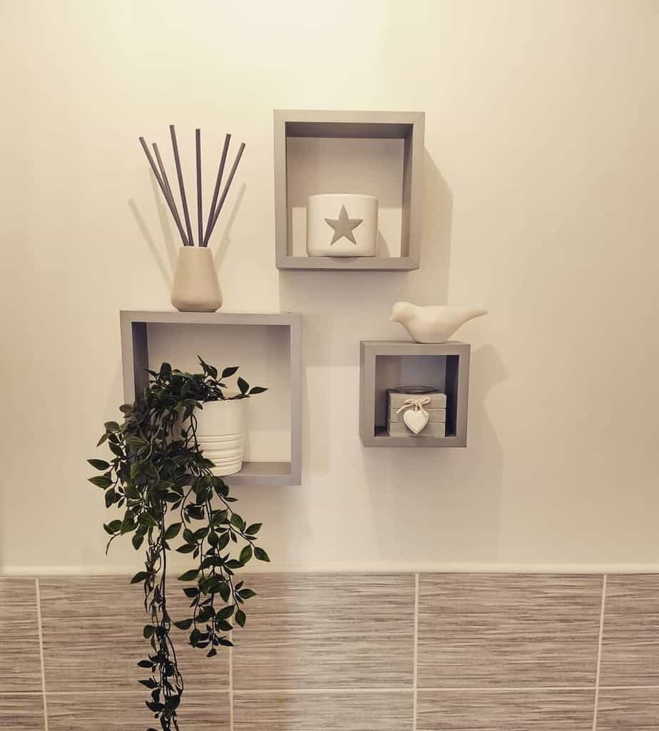 gray wood cube shelves bathroom 