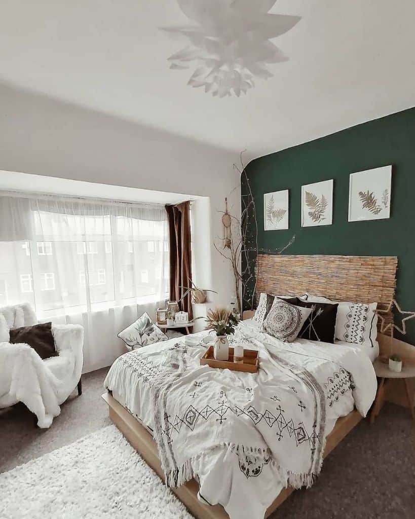 green feature wall boho bedroom 