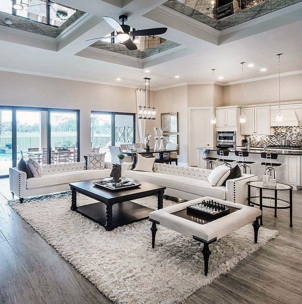 classic white living room with open kitchen