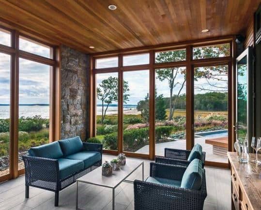 wood ceiling sunroom blue couch