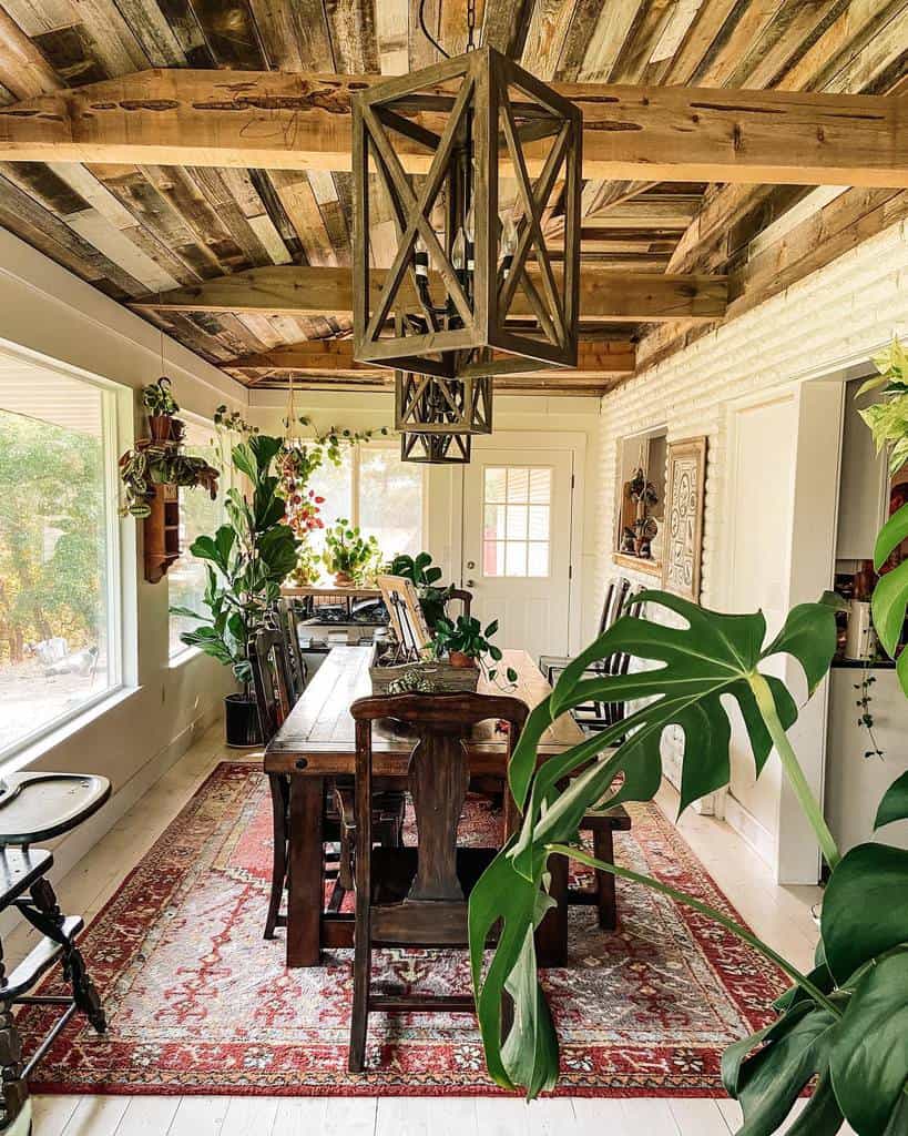 dining room sunroom wood ceiling pattern floor rug