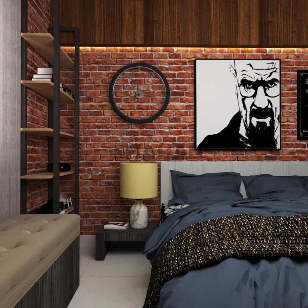 fake brick wall basement bedroom shelves breaking bad poster