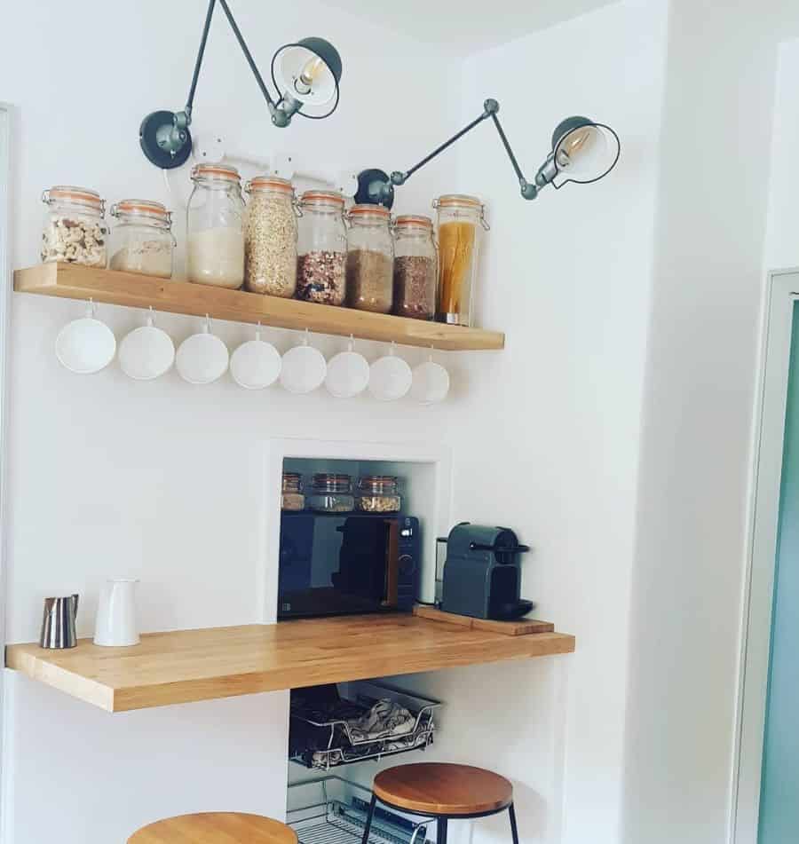 floating wood wall shelves hanging mugs breakfast cereal in jars