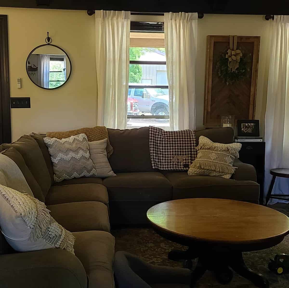 small living room brown wood table gray couch