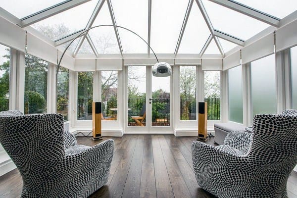 large minimalistic sunroom floorboards speakers