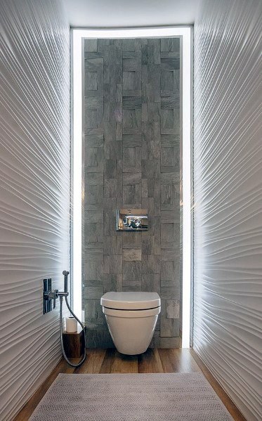 narrow powder room with led lighting 