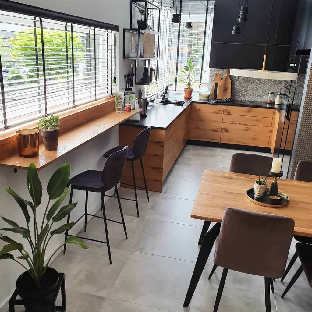 wood kitchen sunroom gray tile floor