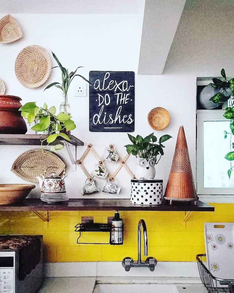 retro kitchen yellow tile backsplash hanging wall shelves 