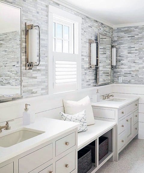 large bathroom vanity with bench seat in middle