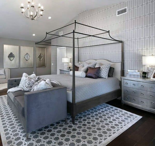 pattern bedroom wallpaper four post bed ottoman silver cabinet 