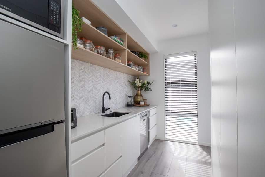 modern butler's pantry wood shelving 