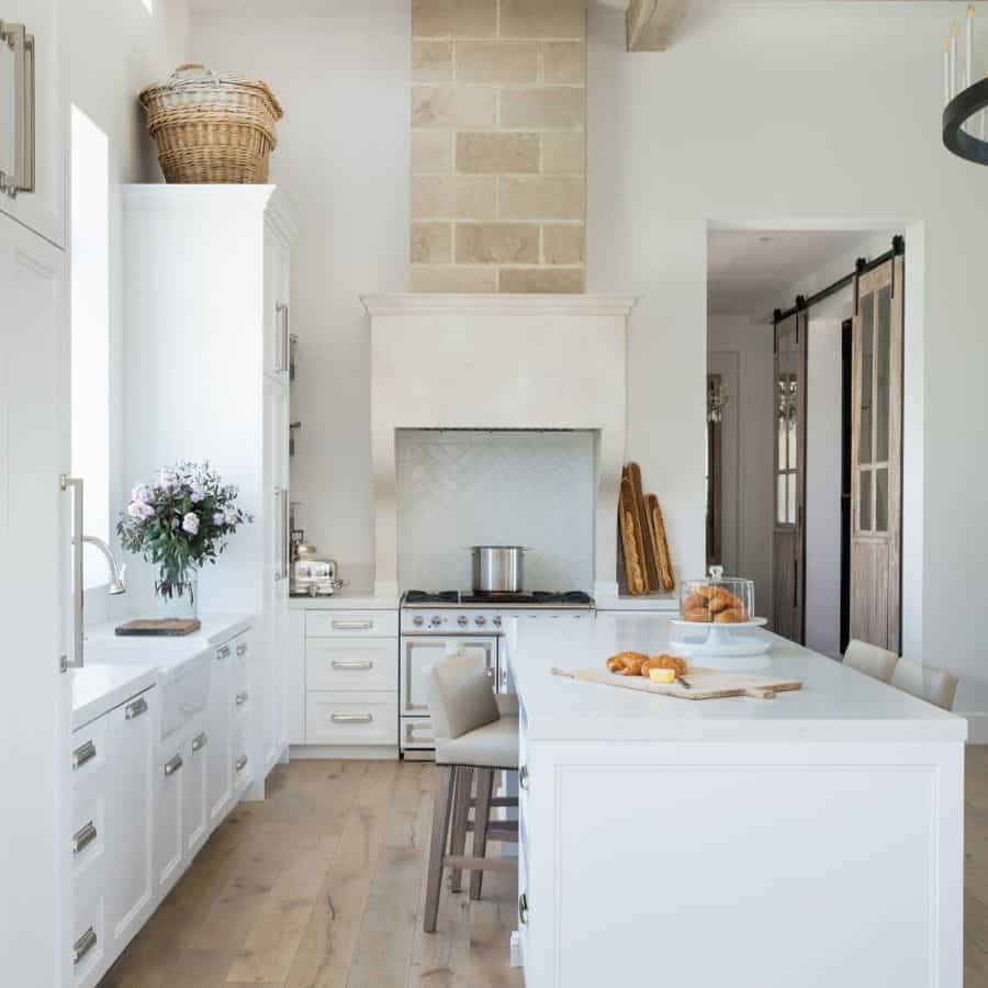 modern french kitchen white cabinets island flowers