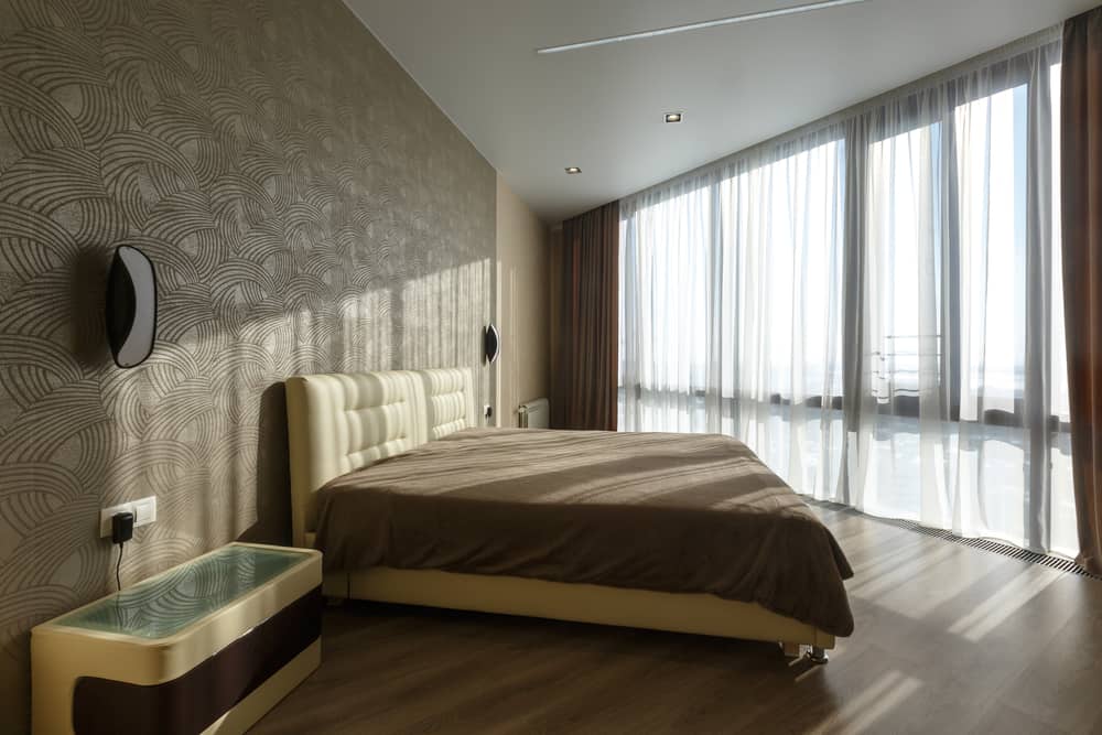 modern bedroom tile floor large window pattern wallpaper design