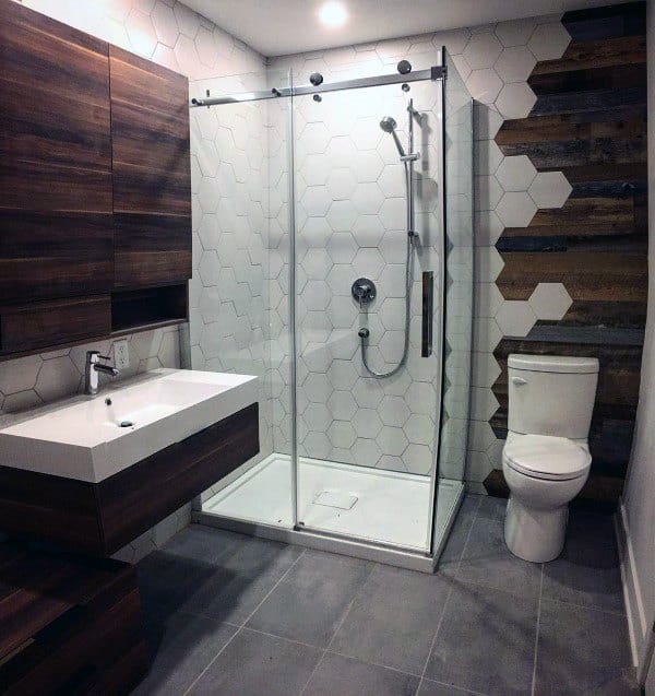 white tile shower wood panel wall