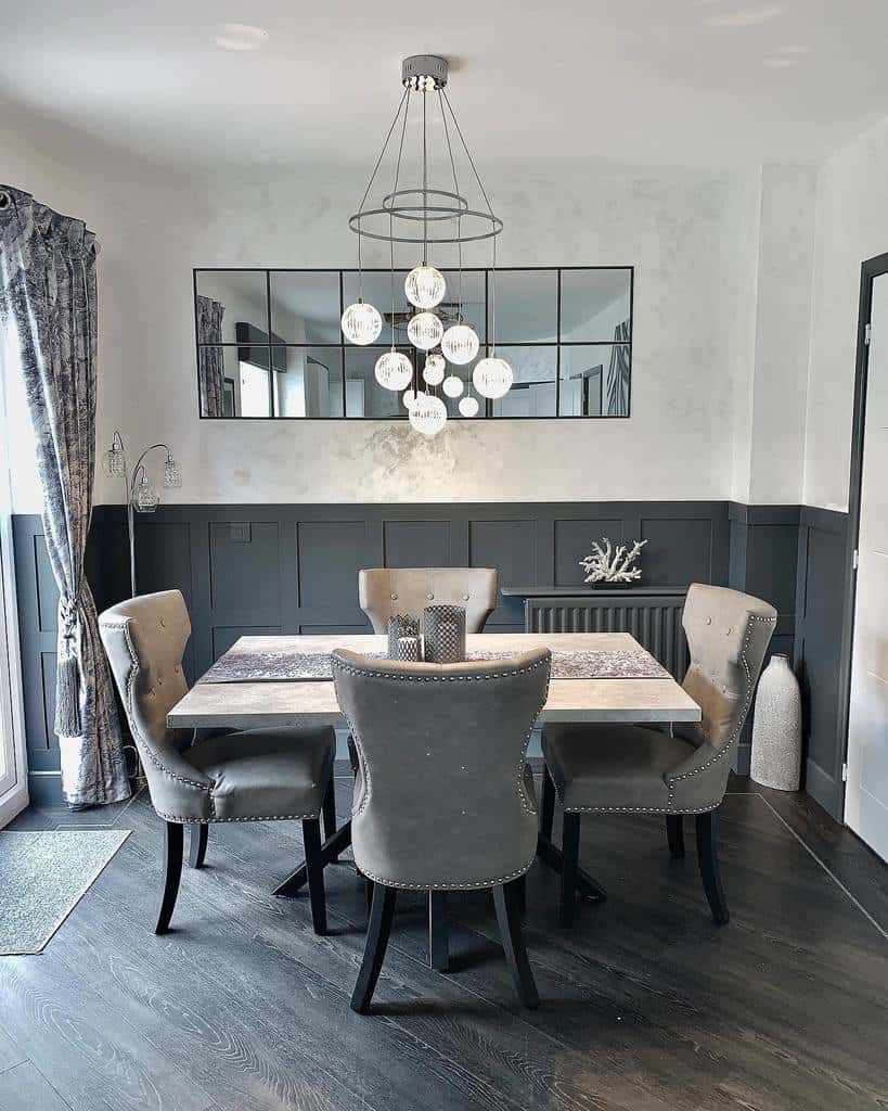 gray dining room wood flooring 