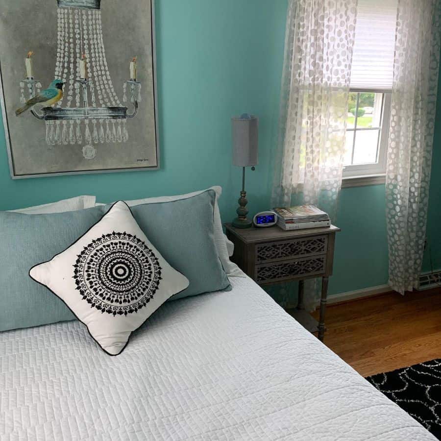 green bedroom gray bed 