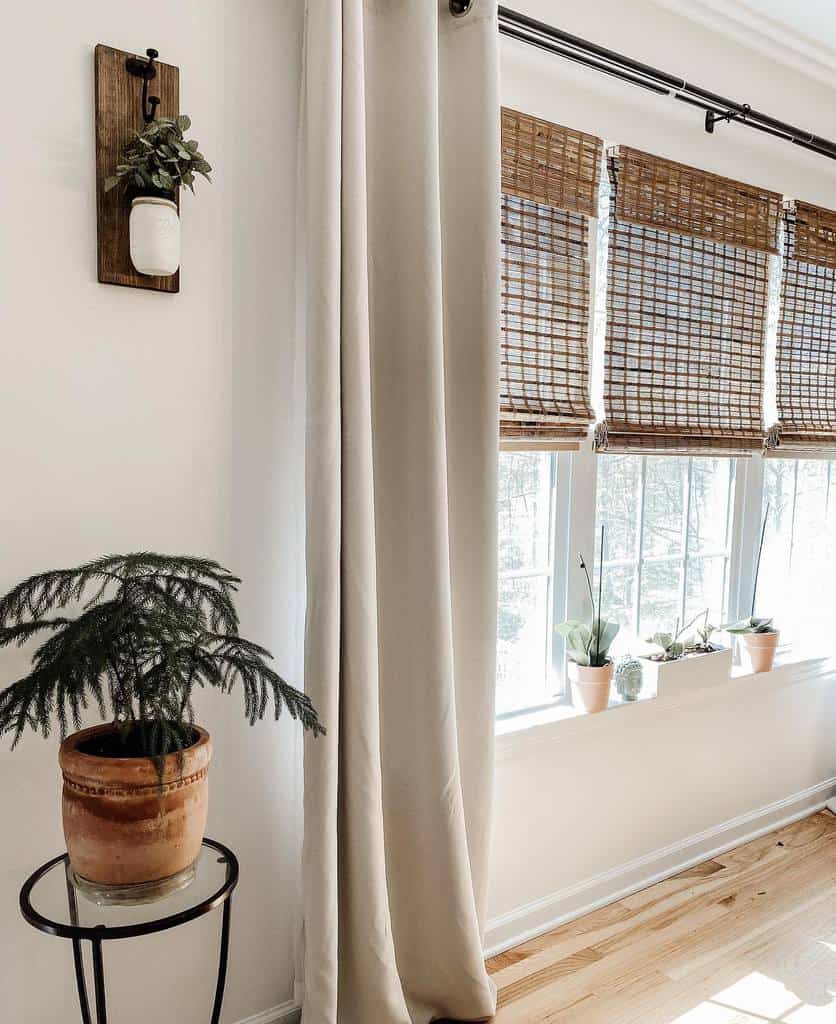 wood rolling blinds pot plants 