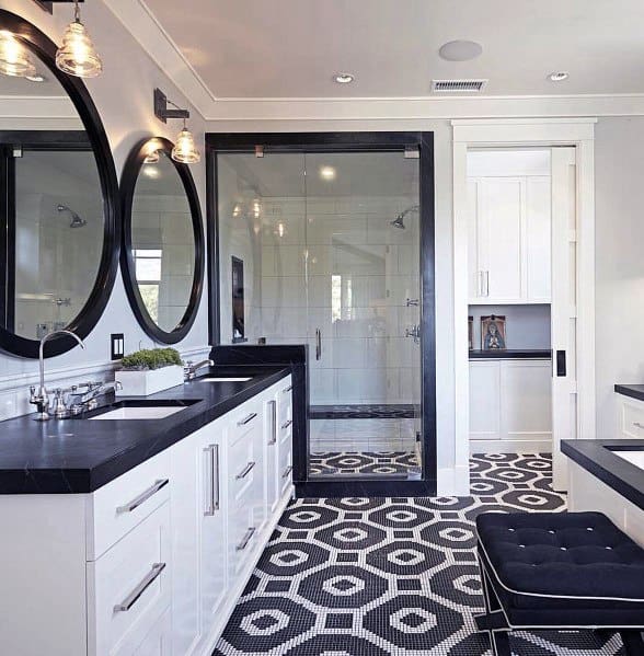 black white bathroom floor title pattern