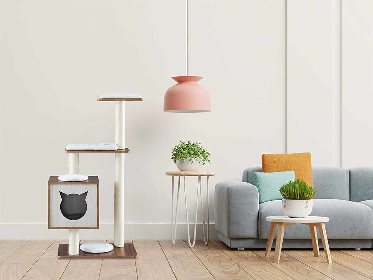 pet perch minimalist living room blue sofa pink pendant light