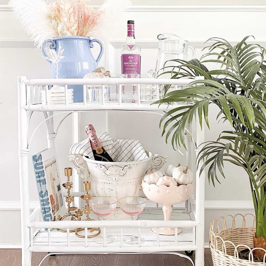 white wicker bar cart