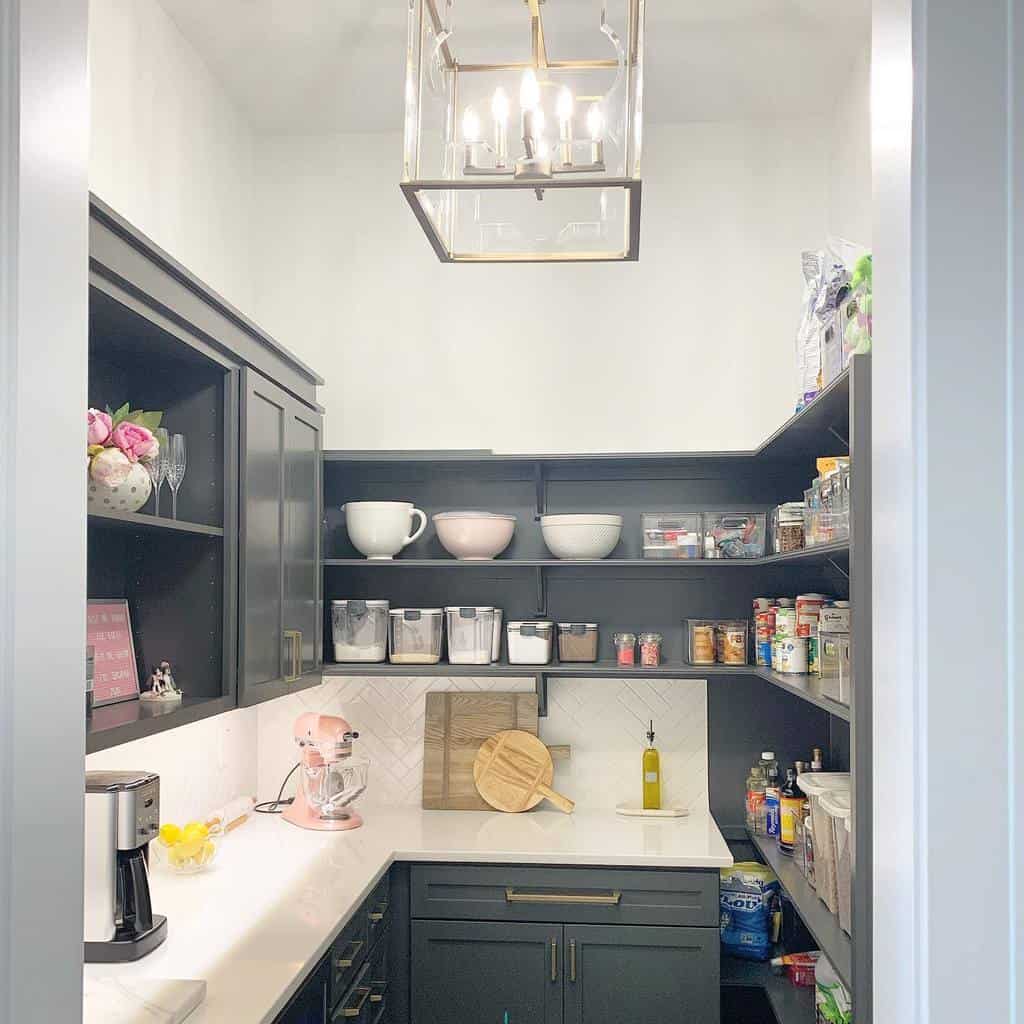 large gray butler's pantry shelves