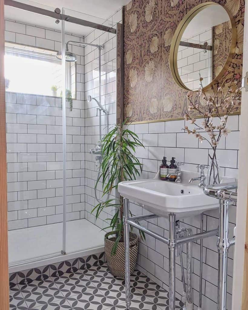 white subway tile shower with accent wall 