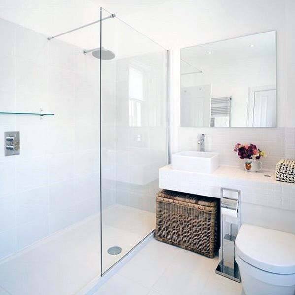 minimalist bathroom white basket storage