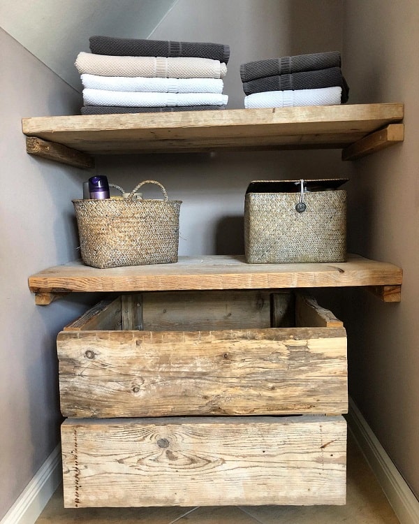 wood shelves in bathroom